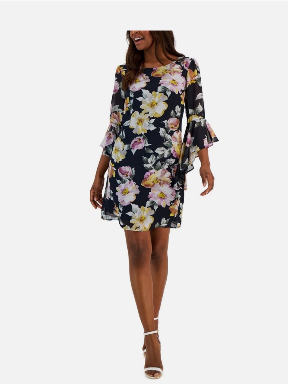 Connected Apparel Black Floral Bell Sleeve Shift Dress